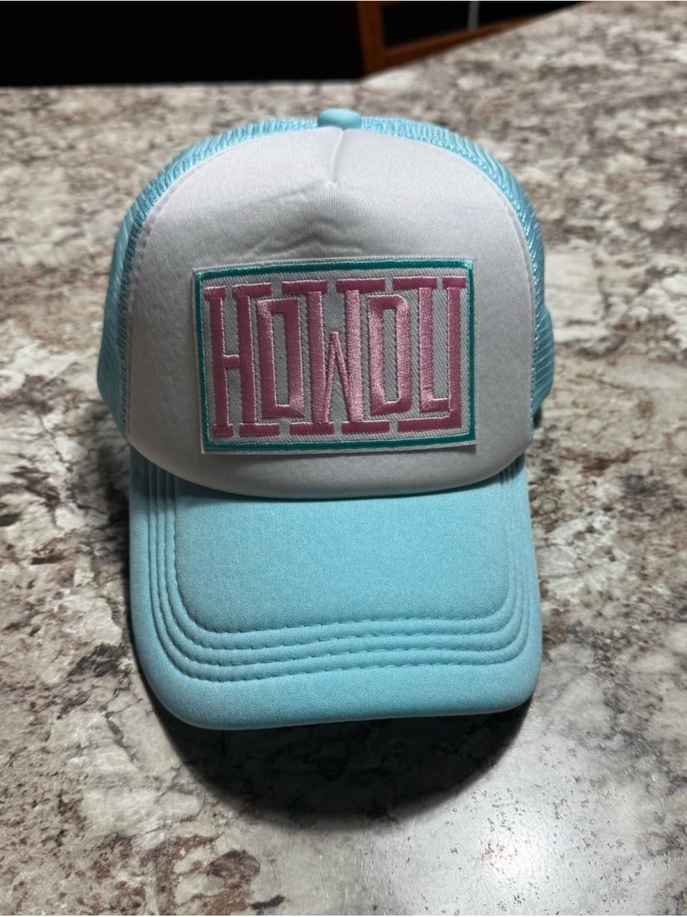 “Howdy” Pastel Aqua Trucker Hat with Pink Embroidered Patch